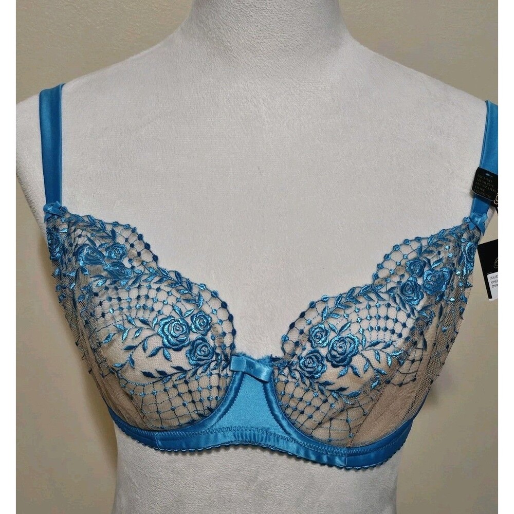 Dita Von Teese Julie's Roses Underwire Bra Blue Turquoise Sheer Floral Lace 34DD - Picture 2 of 12